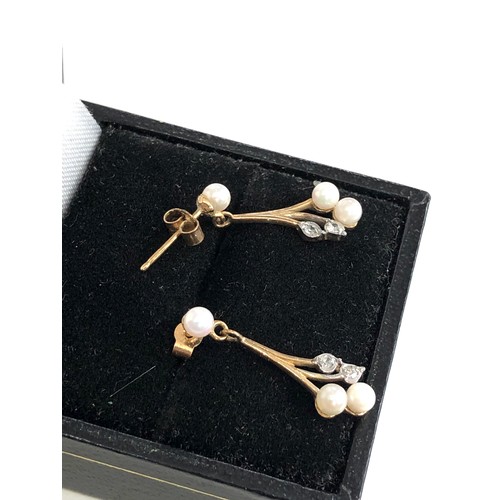 266 - 9ct gold diamond & pearl drop earrings weight 1.4g