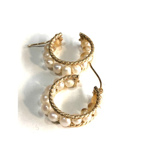 215 - 14ct gold pearl hoop earrings weight 3.9g