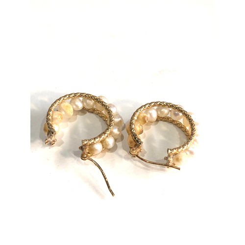 215 - 14ct gold pearl hoop earrings weight 3.9g