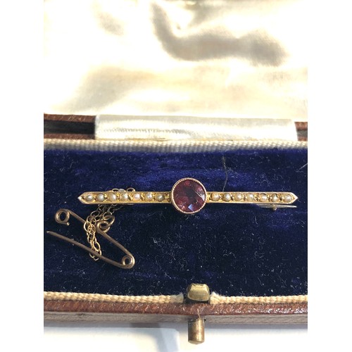 270 - Antique Chester hallmarked 9ct gold garnet & seed pearl bar brooch boxed