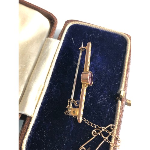 270 - Antique Chester hallmarked 9ct gold garnet & seed pearl bar brooch boxed