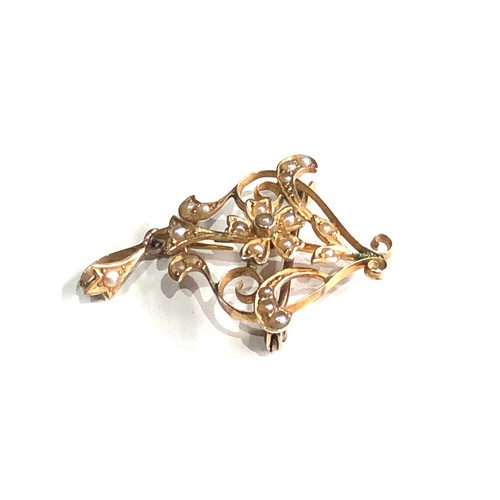 59 - Antique 9ct gold & seed-pearl pendant brooch measures approx 3.6cm drop by 2.6cm weight 2.7g