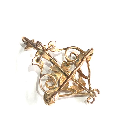 59 - Antique 9ct gold & seed-pearl pendant brooch measures approx 3.6cm drop by 2.6cm weight 2.7g