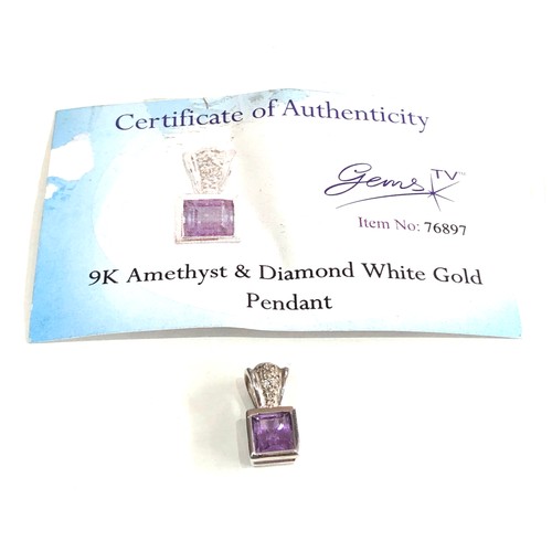 123 - Certificated 9ct white gold amethyst & diamond pendant