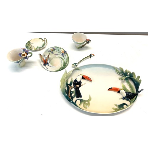 Franz Porcelain collection Paradise Calls Toucan cup, saucer, spoon, side  plate, Franz Butterfly cup