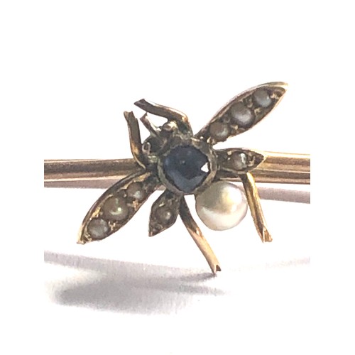 106 - Antique 9ct gold sapphire and seed-pearl fly pin brooch measures approx 2.9cm weight 1.7g