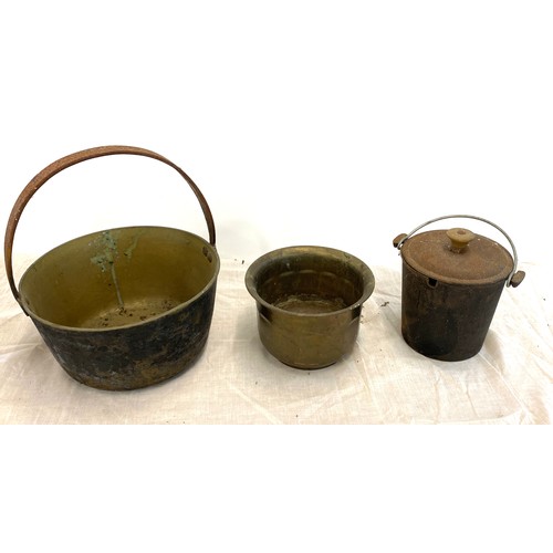 310 - Early brass jam pan, cast iron lidded pot, brass vase