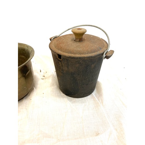 310 - Early brass jam pan, cast iron lidded pot, brass vase