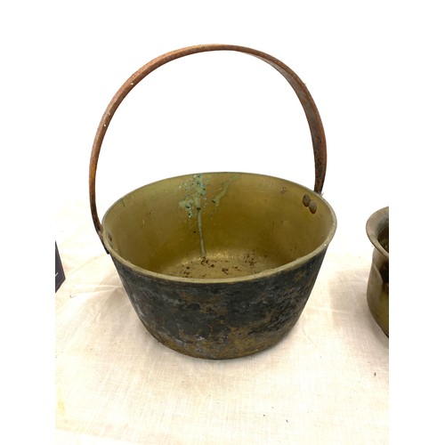 310 - Early brass jam pan, cast iron lidded pot, brass vase