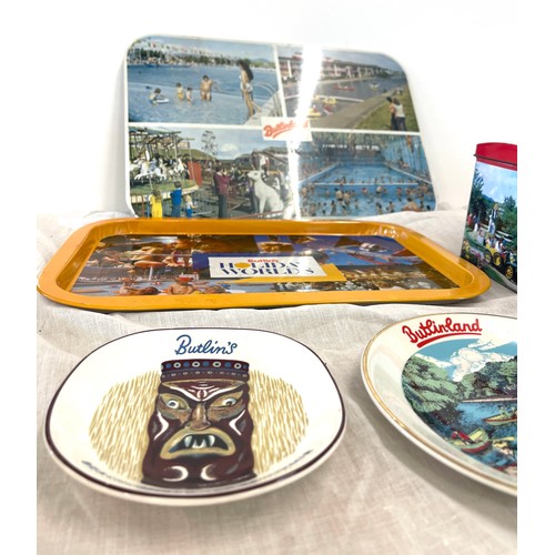 98 - Selection vintage Butlins advertising tins, tray, flask, stanhope