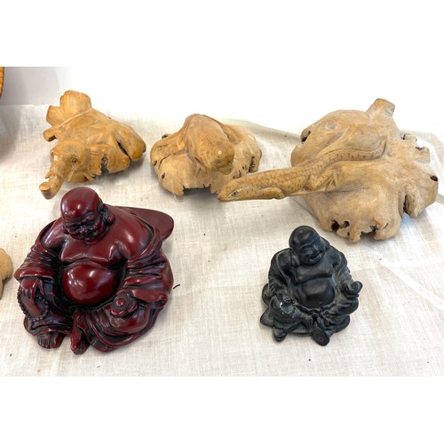 59 - Selection of wooden root carvings, buddhas etc