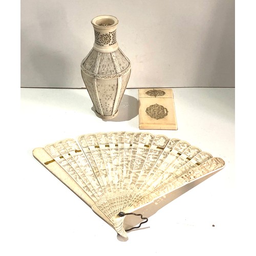 556 - Antique ivory canton fan vase and card case all in need of some restoration