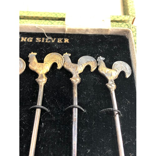 32 - Fine set of 6 Silver antique art deco cockerel cocktail  Sticks Original Box