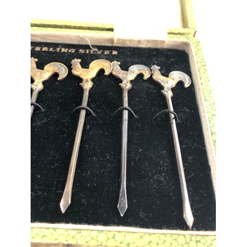 32 - Fine set of 6 Silver antique art deco cockerel cocktail  Sticks Original Box