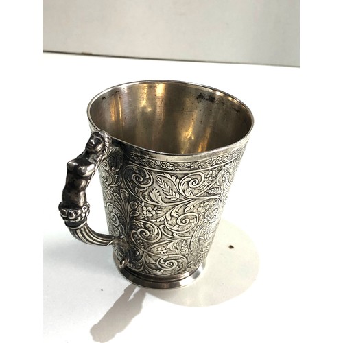 1A - Fine Antique French silver handled cup fine embossed detail of angels and floral pattern design hall... 