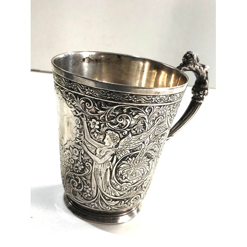 1A - Fine Antique French silver handled cup fine embossed detail of angels and floral pattern design hall... 