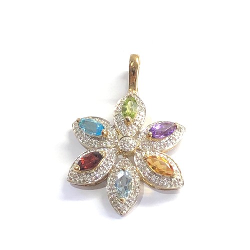 120 - 9ct gold diamond and gem jet aqua , topaz amethyst and citrine pendant weight 4.8g