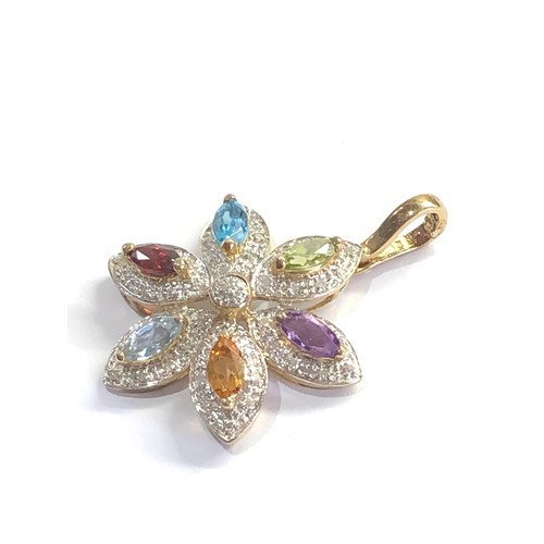 120 - 9ct gold diamond and gem jet aqua , topaz amethyst and citrine pendant weight 4.8g