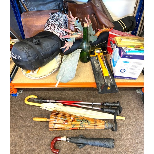 348 - Large selection of miscellaneous includes camera stand, Japanese umbrellas, walking sticks, meat pla... 