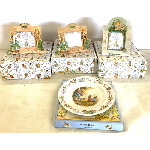 86 - 3 boxed Peter rabbit picture frames and a Boxed Wedgwood peter rabbit bowl