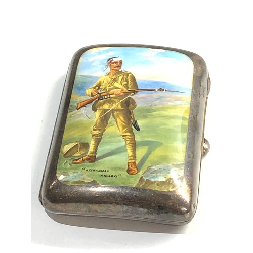 46 - Silver and enamel cigarette case picture of a wounded soldier a gentleman in kharki