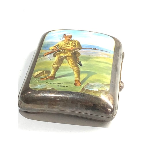 46 - Silver and enamel cigarette case picture of a wounded soldier a gentleman in kharki