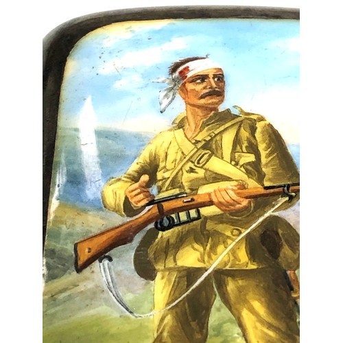 46 - Silver and enamel cigarette case picture of a wounded soldier a gentleman in kharki