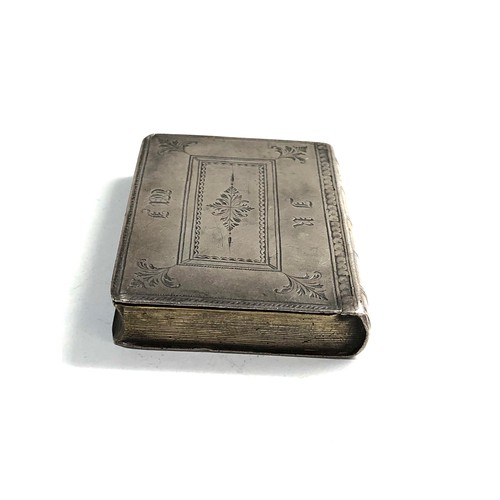 43 - Antique silver book snuff box not hallmarked but xrt as silver measures approx 7.4cm by 5cm