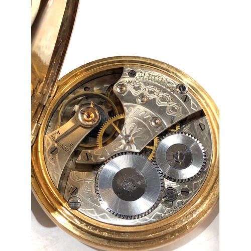 494 - Gold plated waltham full hunter pocket watch in working order but no warranty given