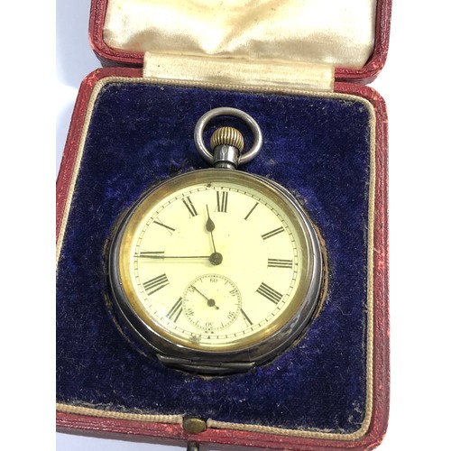 501 - Boxed Silver open face pocket watch hand winding in non working order spares or repair