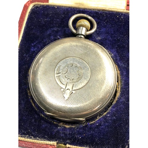 501 - Boxed Silver open face pocket watch hand winding in non working order spares or repair