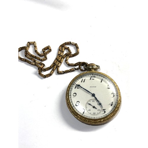 492 - Gold plated elgin pocket watch in working order but no warranty given gold plated chain