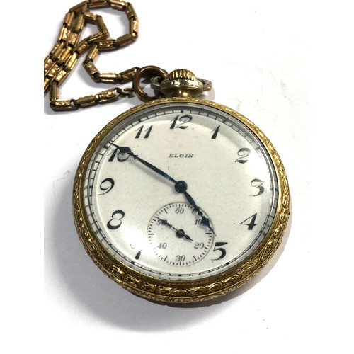 492 - Gold plated elgin pocket watch in working order but no warranty given gold plated chain