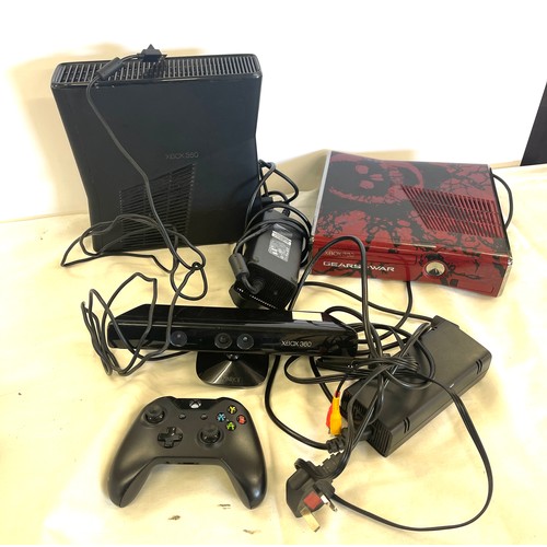 279 - 2 XBox 360 consoles, xbox kinect sensor 1 remote and leads, all untested, one xbox 360 is gears of w... 