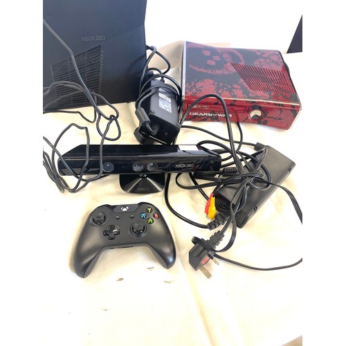 279 - 2 XBox 360 consoles, xbox kinect sensor 1 remote and leads, all untested, one xbox 360 is gears of w... 