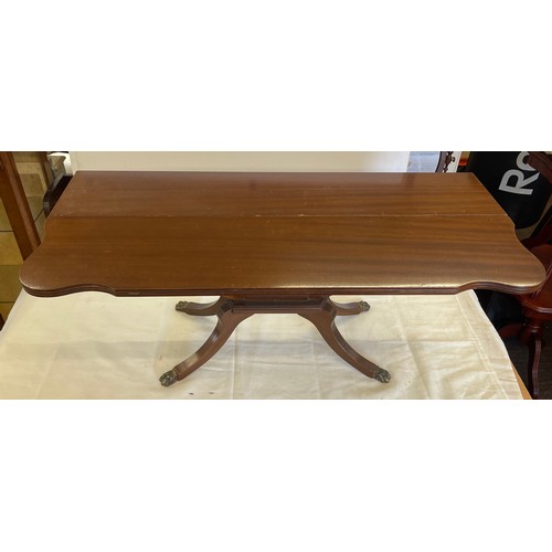 378 - Mahogany drop leaf coffee table, approximate measurements: Height 18.5 inches, Length 36 inches, ove... 