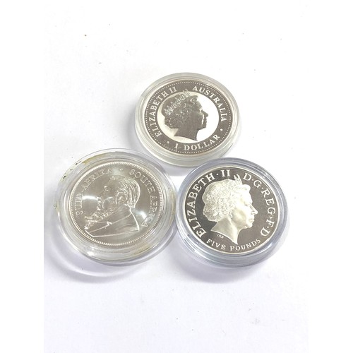 521 - 3 cased silver coins includes australia 1 dollar silver krugerrand and silver 5 pounds