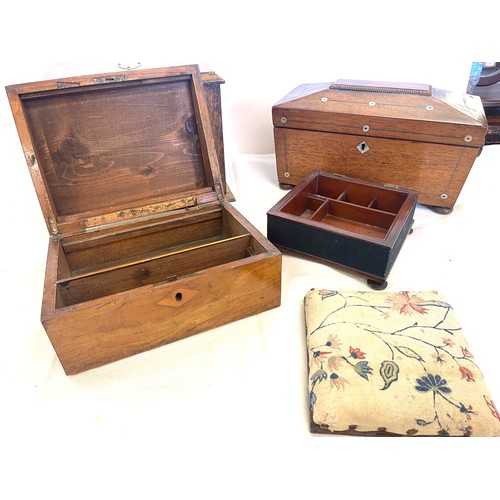 154 - Selection antique wooden boxes to include writing box, ted caddy, sewing box etc