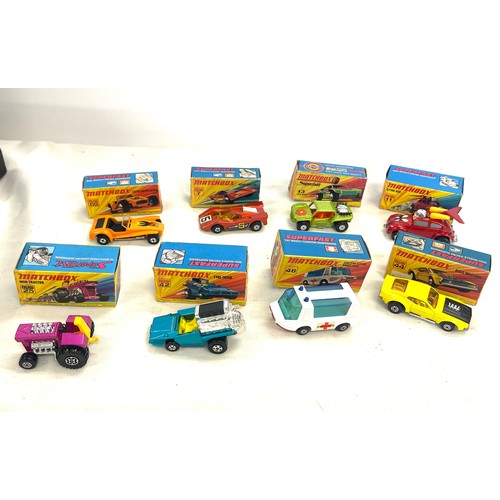 487 - Vintage boxed Matchbox cars, Stretcha Fetcha Ambulance 46, Tyre Fryer 42, MOD Tractor 25, Lotus Supe... 