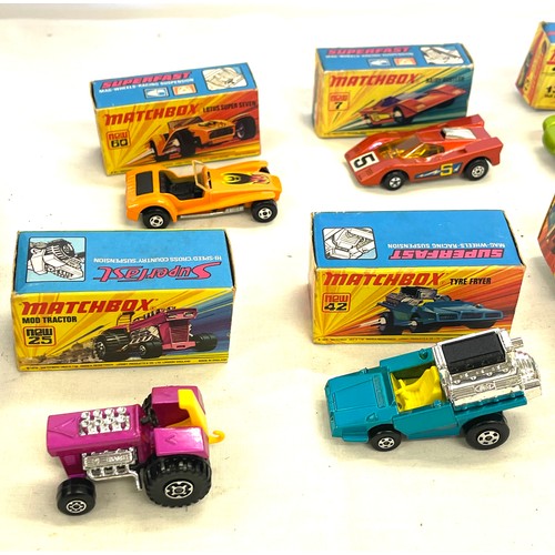 487 - Vintage boxed Matchbox cars, Stretcha Fetcha Ambulance 46, Tyre Fryer 42, MOD Tractor 25, Lotus Supe... 