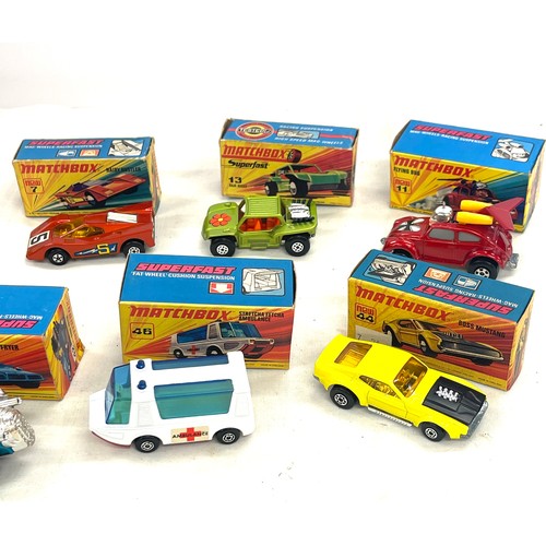 487 - Vintage boxed Matchbox cars, Stretcha Fetcha Ambulance 46, Tyre Fryer 42, MOD Tractor 25, Lotus Supe... 