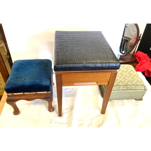 296 - 2 Vintage wooden stools and a sewing stool