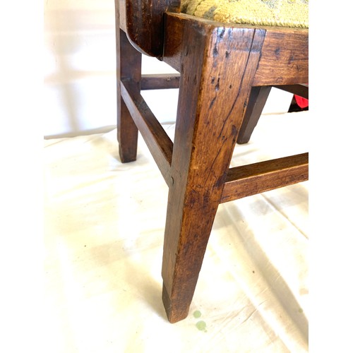 302 - Antique period elm dining carver chair, tapestry seat, overall height: 32 inches, seat height: 15 in... 