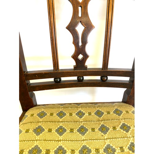 302 - Antique period elm dining carver chair, tapestry seat, overall height: 32 inches, seat height: 15 in... 