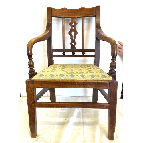 302 - Antique period elm dining carver chair, tapestry seat, overall height: 32 inches, seat height: 15 in... 