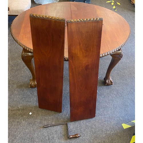 397 - Mahogany pie crust wind out table, with ball and claw feet, 2 leaves, overall good condition, approx... 