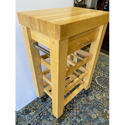 411 - 1 draw pine butchers block on wheels, measures approx 36