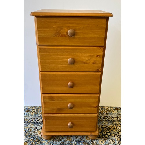 414 - Pine 5 drawer narrow tall chest, measures approx 36