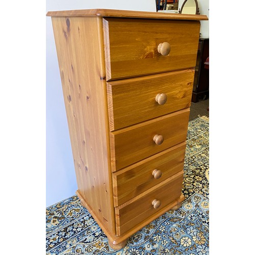 414 - Pine 5 drawer narrow tall chest, measures approx 36