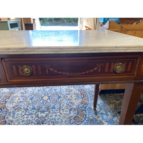 386 - 2 Draw mahogany, white marble topped consol table with inlay, made by edwards and roberts height 30